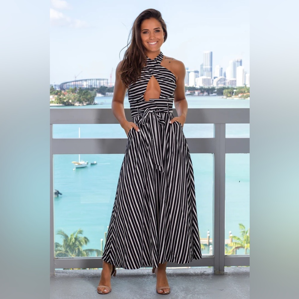 Black and White Striped Halter Neck Maxi Dress